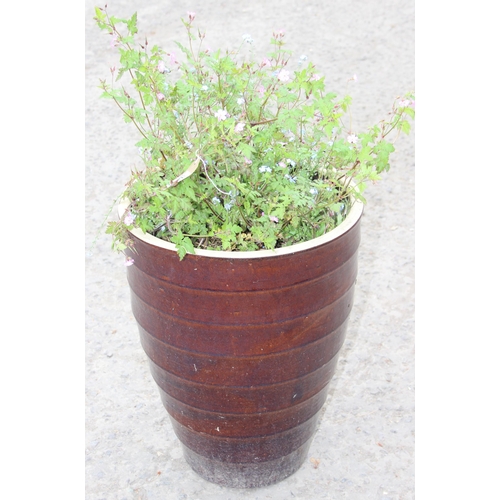 333 - Large brown glazed garden pot with ribbed effect, approx 55cm H x 40cm W