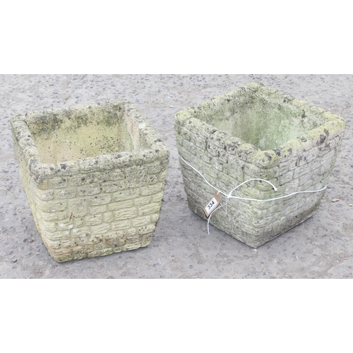 334 - A pair of brick effect weathered concrete garden planters, each approx 35cm W x 30cm H