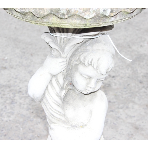 336 - Large cast concrete bird bath with cherub support, approx 88cm H