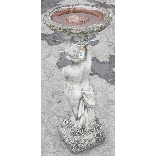 336 - Large cast concrete bird bath with cherub support, approx 88cm H