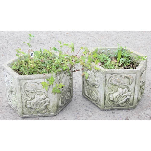 340 - Pair of hexagonal concrete garden planters with floral design, approx 41cm W x 32cm H