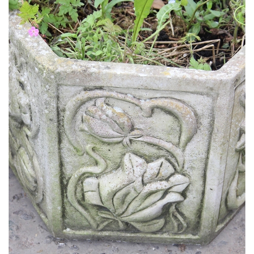 340 - Pair of hexagonal concrete garden planters with floral design, approx 41cm W x 32cm H