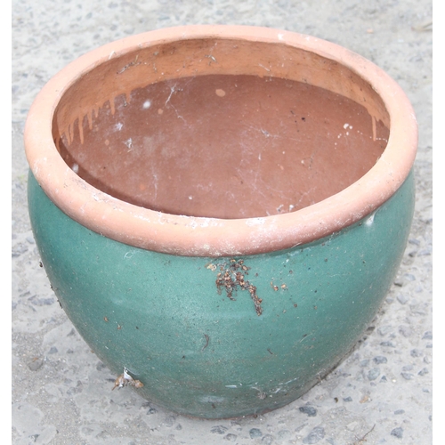 342 - 3 turquoise coloured glazed plant pots, largest approx 41cm W x 30cm H