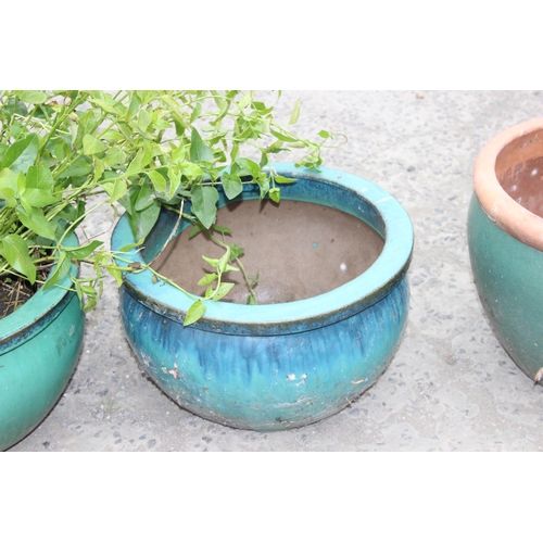 342 - 3 turquoise coloured glazed plant pots, largest approx 41cm W x 30cm H