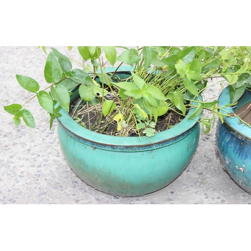 342 - 3 turquoise coloured glazed plant pots, largest approx 41cm W x 30cm H