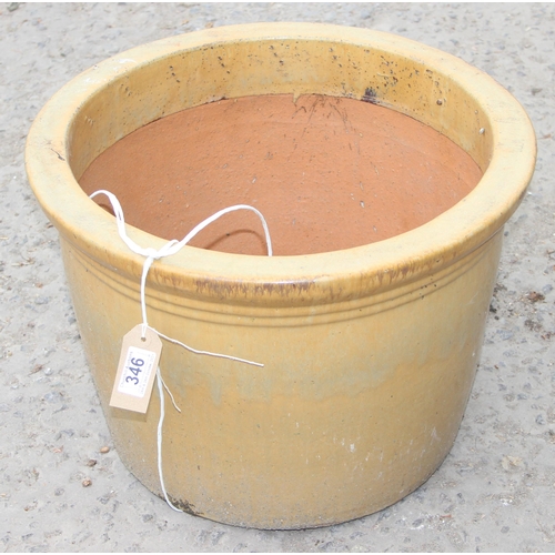 346 - Large oat coloured glazed garden pot, approx 46cm W x 33cm H