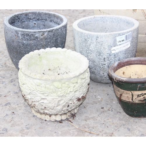 347 - Collection of garden pots to include 1 with barrel effect design, largest approx 43cm W x 32cm H (6)