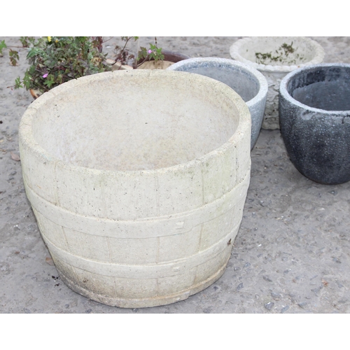 347 - Collection of garden pots to include 1 with barrel effect design, largest approx 43cm W x 32cm H (6)