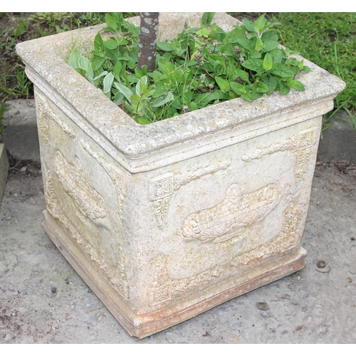 354 - Large concrete garden pot with classical design containing a bay tree, approx 42cm cubed