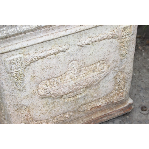 354 - Large concrete garden pot with classical design containing a bay tree, approx 42cm cubed