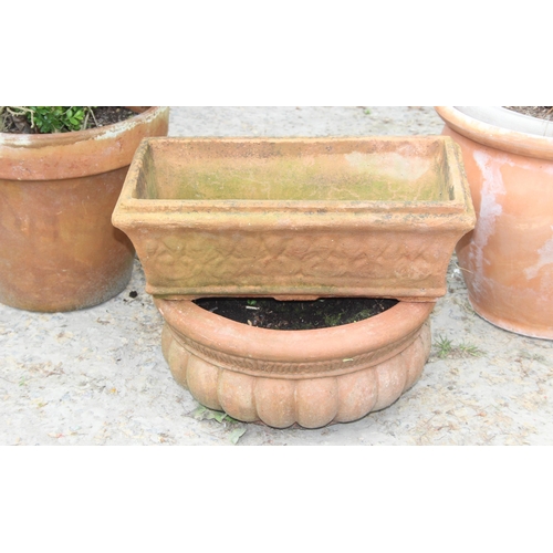 357 - 4 terracotta vintage pots 1 containing box hedging, largest approx 45cm H x 40cm W