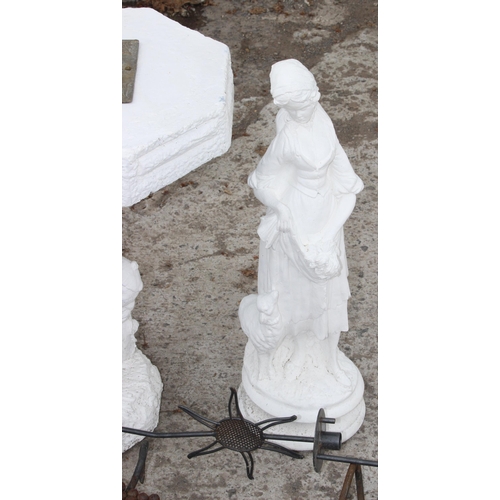 360 - White painted garden sundial, classical female statue and metal plant spikes