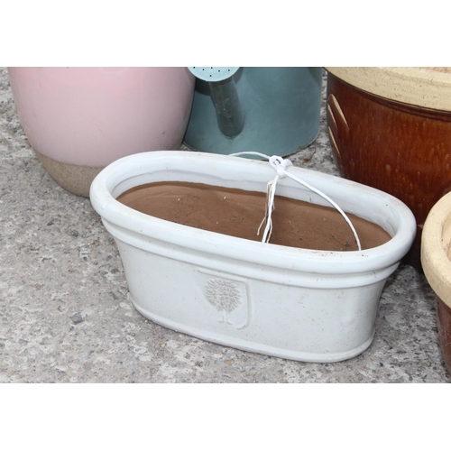 363 - Selection of various sized plant pots and a metal watering can, largest approx 38cm W x 26cm H