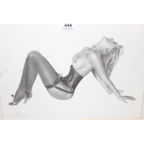 444 - 2 prints of original commissioned graphite drawings by James Bentley of semi-nude females, approx 69... 
