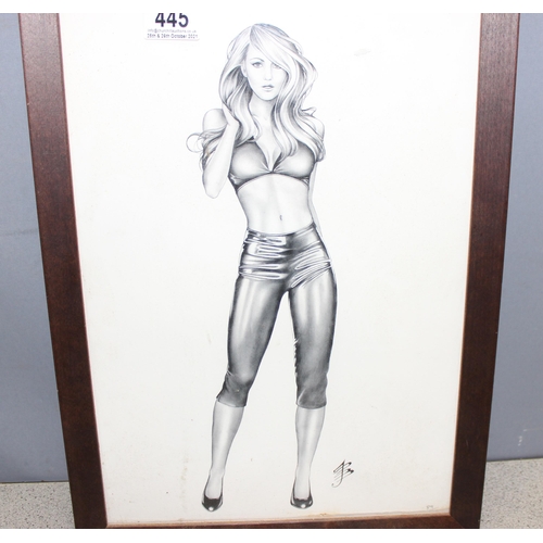 445 - 2 framed original graphite pencil and watercolour 'pin-up' drawings of females by Paul John Ballard,... 