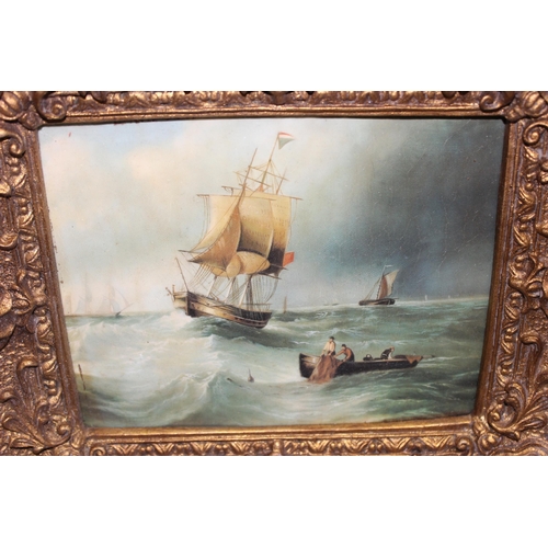 448 - Antique style oil painting of a seascape scene, in impressive ornate gilt frame, unsigned, approx 39... 