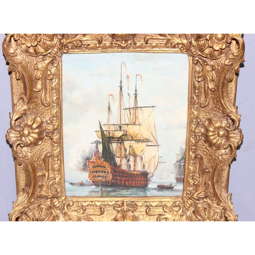 449 - Antique style oil painting of a marine scene of a Galleon ship and other small boats, in impressive ... 