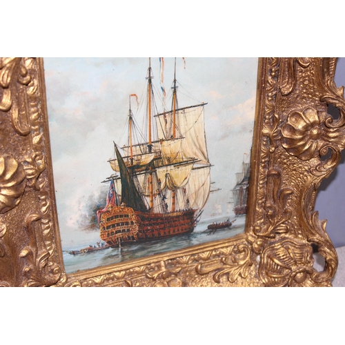 449 - Antique style oil painting of a marine scene of a Galleon ship and other small boats, in impressive ... 