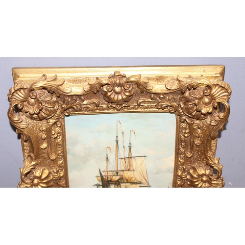 449 - Antique style oil painting of a marine scene of a Galleon ship and other small boats, in impressive ... 