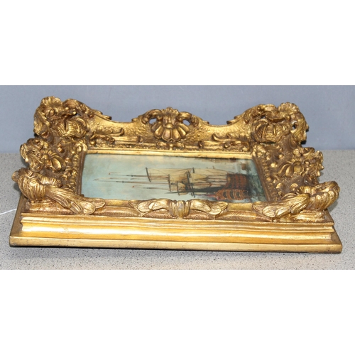 449 - Antique style oil painting of a marine scene of a Galleon ship and other small boats, in impressive ... 