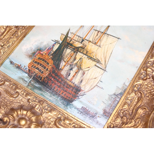 449 - Antique style oil painting of a marine scene of a Galleon ship and other small boats, in impressive ... 