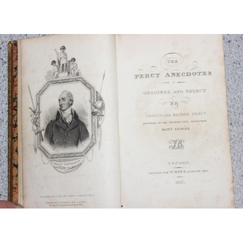 523 - 6 assorted antique books to include - 4 volumes of The Percy Anecdotes, Printed For T. Boys, Ludgate... 