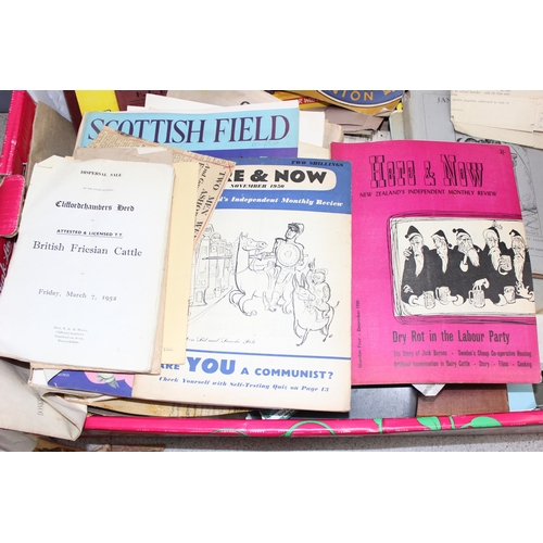 525 - 2 boxes of vintage and later ephemera to incl newspaper cuttings, postcards, greeting cards, school ... 