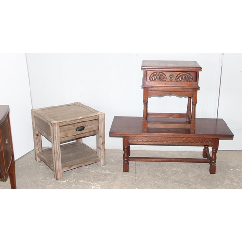 146 - Old charm style cutlery box on legs, dark oak coffee table & modern bedside table with limed finish