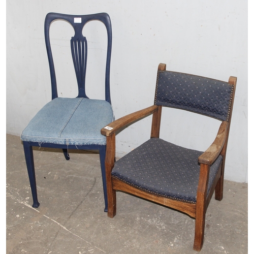 147 - Vintage upholstered low oak armchair & a denim seated dining chair