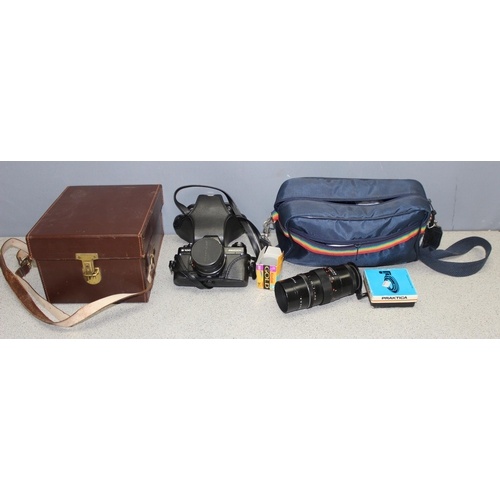 662 - Vintage Praktica B100 camera in case, with other photography items and a vintage Taylor multimeter m... 