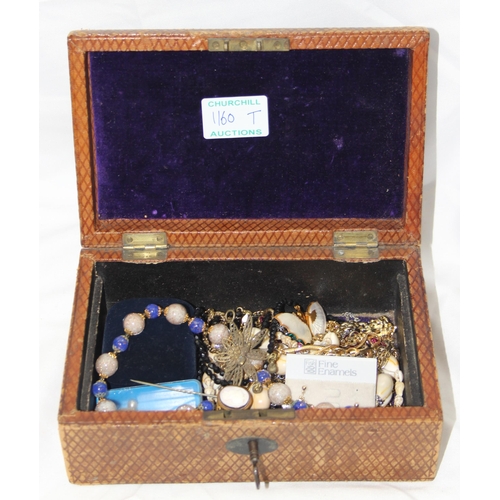 1160T - Antique leather covered jewellery box and contents