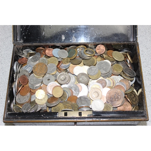 1247 - Qty of assorted mixed world coins in vintage black painted cash tin, approx 8kg gross