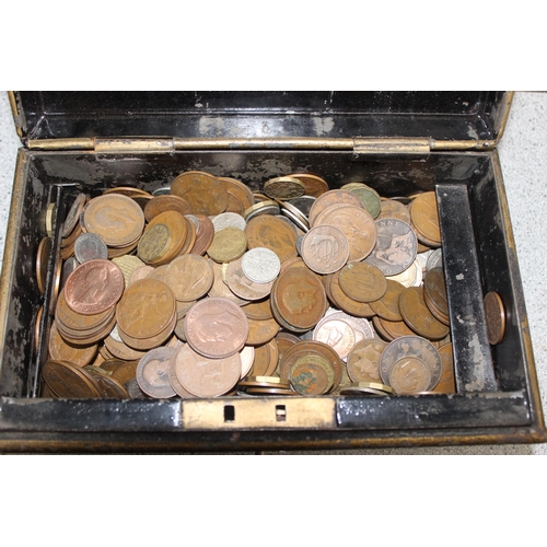 1248 - Qty of assorted mixed British coins, mainly copper, in vintage black painted cash tin, approx 5kg gr... 