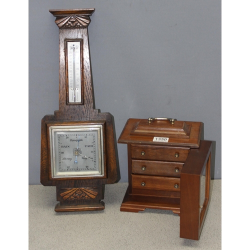 1350 - Small chest of drawers with Waltham quartz clock fascia, and an oak cased barometer, largest approx ... 