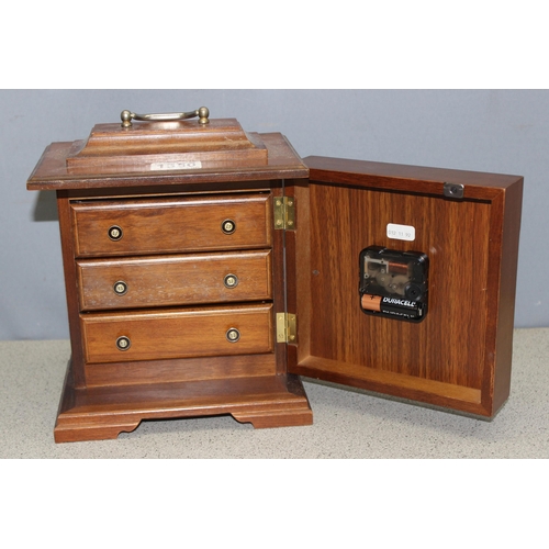 1350 - Small chest of drawers with Waltham quartz clock fascia, and an oak cased barometer, largest approx ... 