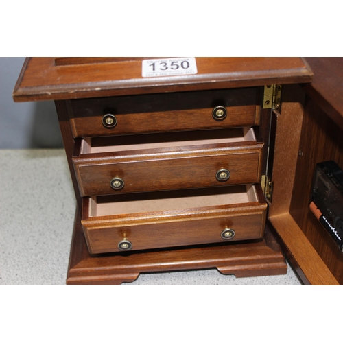 1350 - Small chest of drawers with Waltham quartz clock fascia, and an oak cased barometer, largest approx ... 