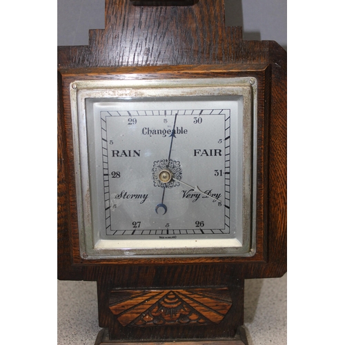 1350 - Small chest of drawers with Waltham quartz clock fascia, and an oak cased barometer, largest approx ... 