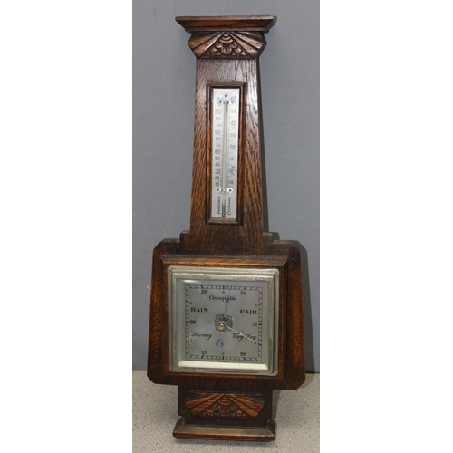 1350 - Small chest of drawers with Waltham quartz clock fascia, and an oak cased barometer, largest approx ... 