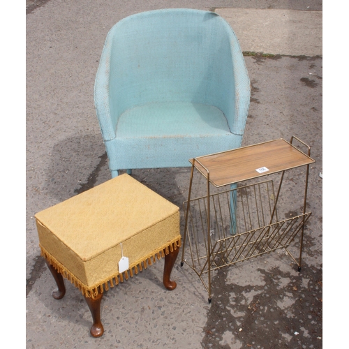 166 - Lloyd Loom style chair, sewing box and retro magazine rack table, chair approx 59cm wide x 65cm deep... 