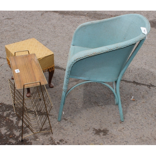 166 - Lloyd Loom style chair, sewing box and retro magazine rack table, chair approx 59cm wide x 65cm deep... 