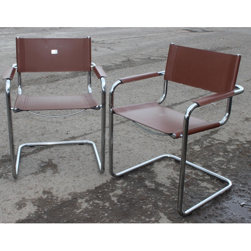 168 - A pair of Bauhaus style chrome and brown faux leather cantilever studio chairs, approx 60cm wide x 5... 