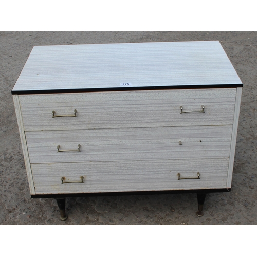 175 - A retro Formica 3 drawer chest of drawers by Berry Furniture, approx 80cm wide x 45cm deep x 64cm ta... 