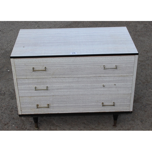 175 - A retro Formica 3 drawer chest of drawers by Berry Furniture, approx 80cm wide x 45cm deep x 64cm ta... 