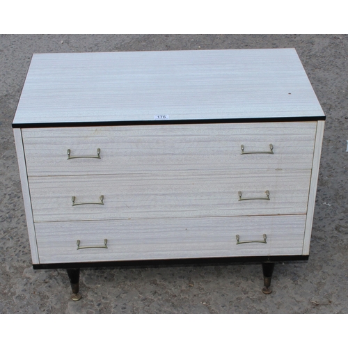 176 - A retro Formica 3 drawer chest of drawers by Berry Furniture, approx 80cm wide x 45cm deep x 64cm ta... 