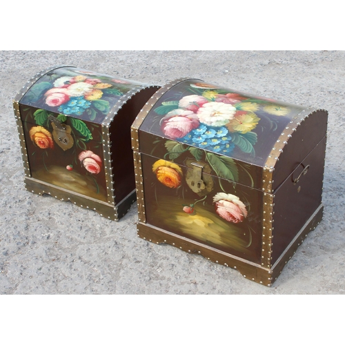 180 - A near pair of stacking hand painted storage trunks with floral motifs, largest approx 51cm wide x 4... 