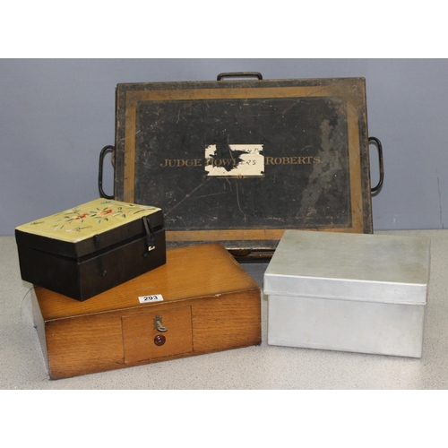 293 - Assorted storage boxes/tins, to include an interesting drawer with lockable small drawer in the back... 