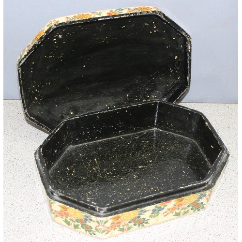 295 - Vintage Kashmiri lacquered lidded box, decorated with flowers, approx 26 x 20 x 9cm