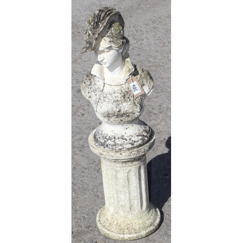 369 - A weathered concrete garden statue of a female bust on column plinth, approx 85cm tall