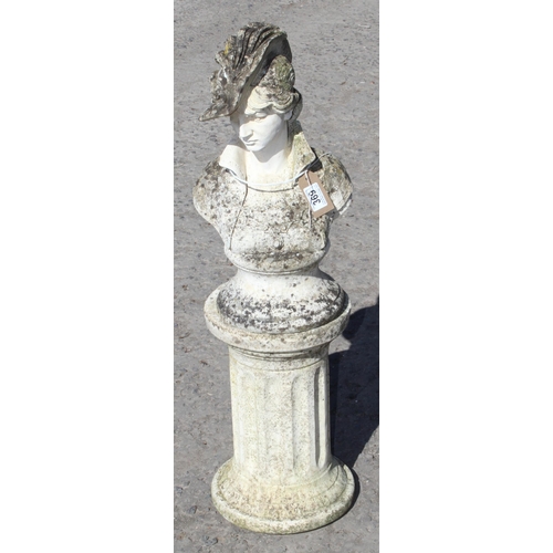 369 - A weathered concrete garden statue of a female bust on column plinth, approx 85cm tall