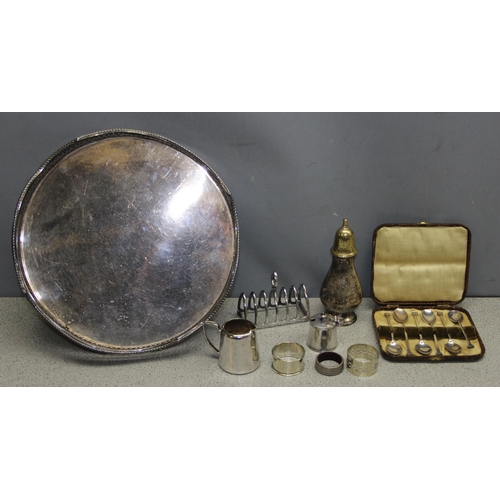 1073 - Mixed silver-plated items to incl serving tray with galleried edge, toast rack P&O mustard pot with ... 